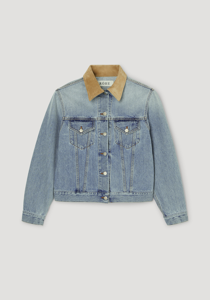 Suede collar fitted denim jacket | classic blue features a tan suede collar, metal snap buttons, chest flap pockets, and seam detailing, highlighting its classic silhouette.