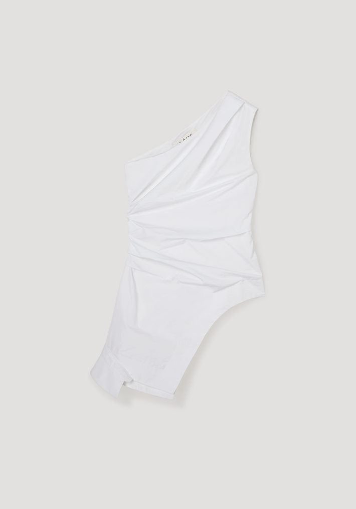 Reimagined one shoulder top in optic white, featuring an asymmetrical design with draped detailing, fitted waist, and zip closure, made from 100% cotton.