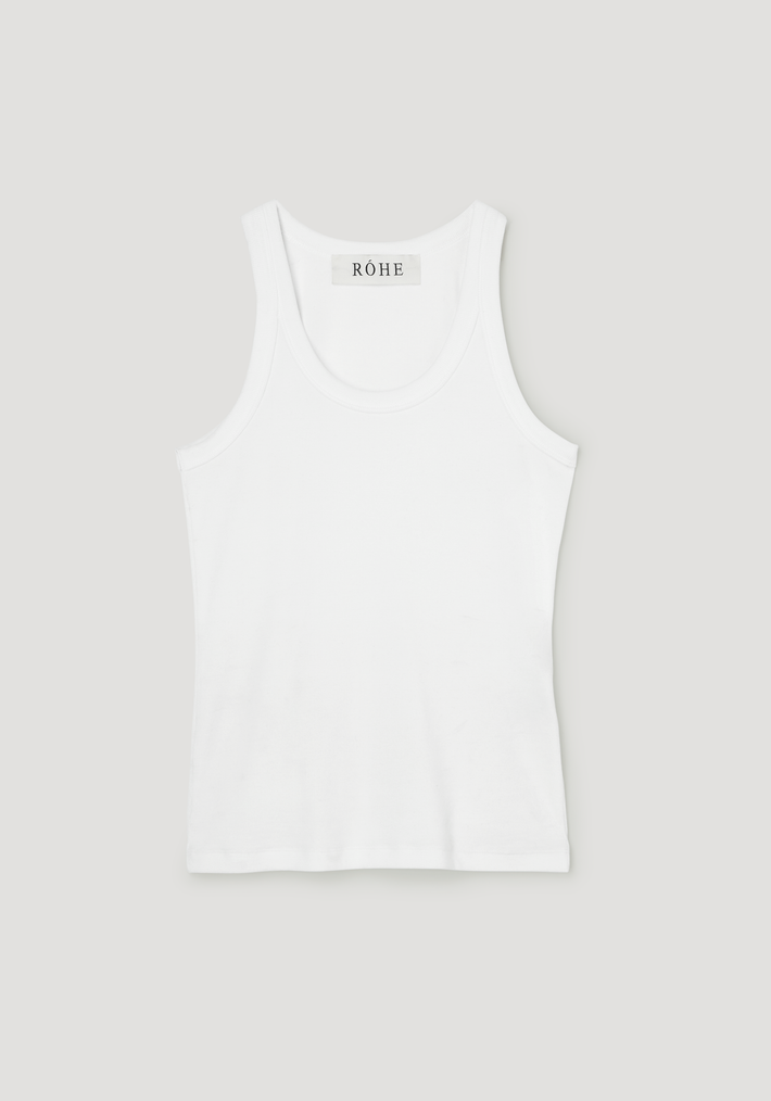 Scoop-neck rib top in optic white with a racerback design, featuring a woven RÓHE label at the back neckline, crafted from 93% organic cotton and 7% elastane.