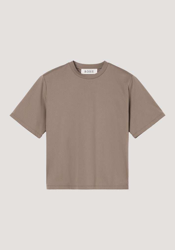 Oversized cotton silk t-shirt | taupe, featuring a short-sleeve, crew-neck design with dropped shoulders, crafted from a cotton-silk blend for a relaxed, fluid drape.