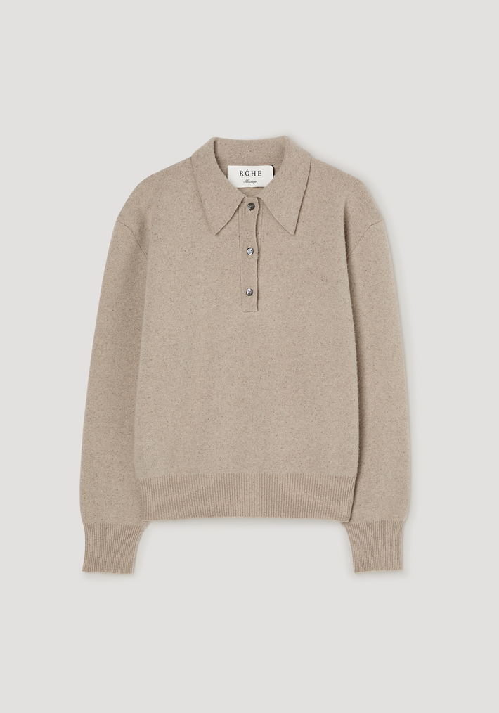 Wool cashmere polo in stone melange with a structured collar, three-button placket, and ribbed cuffs, made from a soft wool-cashmere blend.