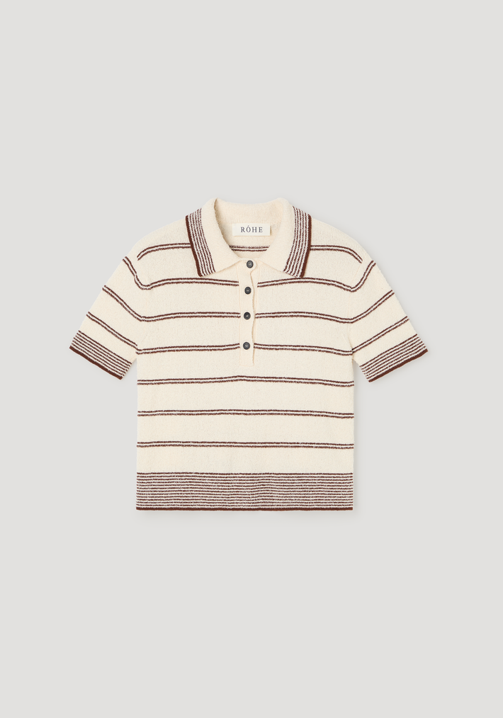 Towelling striped polo with cream and brown stripes, classic collar, four-button placket, cropped fit, ribbed cuffs and hem, woven RÓHE label inside collar.