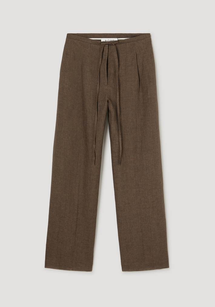 Relaxed drawstring trousers in linen-textured fabric, featuring a high waist, self-fabric drawstring, and subtle pleats, showcasing a wide-leg, comfortable fit.