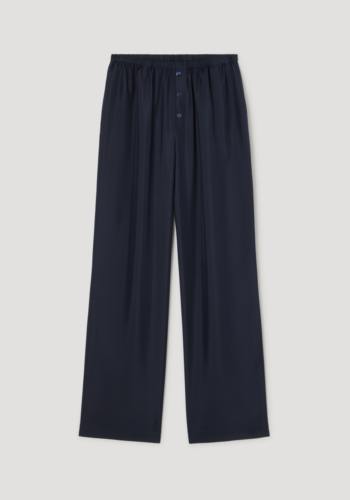 Silk pyjama trousers | night featuring wide-leg design, elastic waistband, and faux fly with two-button detail, crafted in pure silk for a luxurious feel.