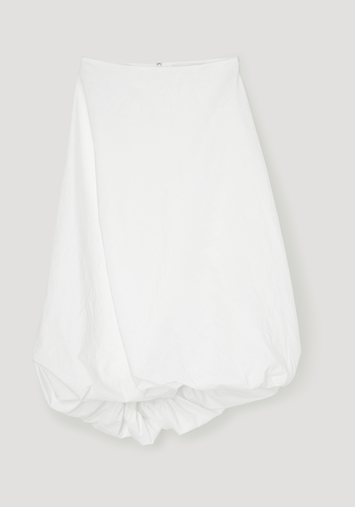 Twisted crushed cotton skirt in optic white, featuring a mid-waist, pouf design with a voluminous hem and twist detail for added movement.