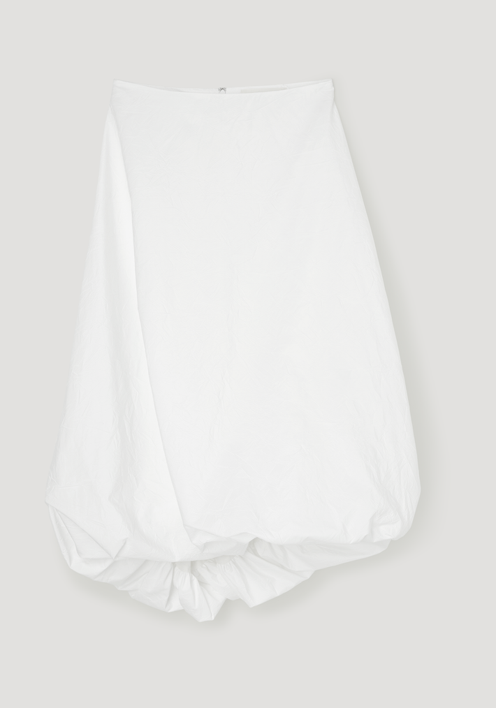 Twisted crushed cotton skirt in optic white, featuring a mid-waist, pouf design with a voluminous hem and twist detail for added movement.