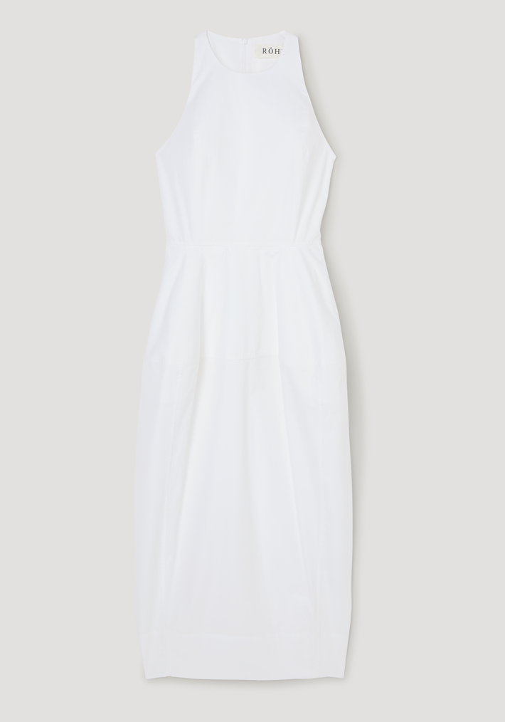 Sculptural poplin dress in optic white, sleeveless with a high neck, fitted waist, trapezium-shaped skirt, and back split for movement. Made from 100% cotton.
