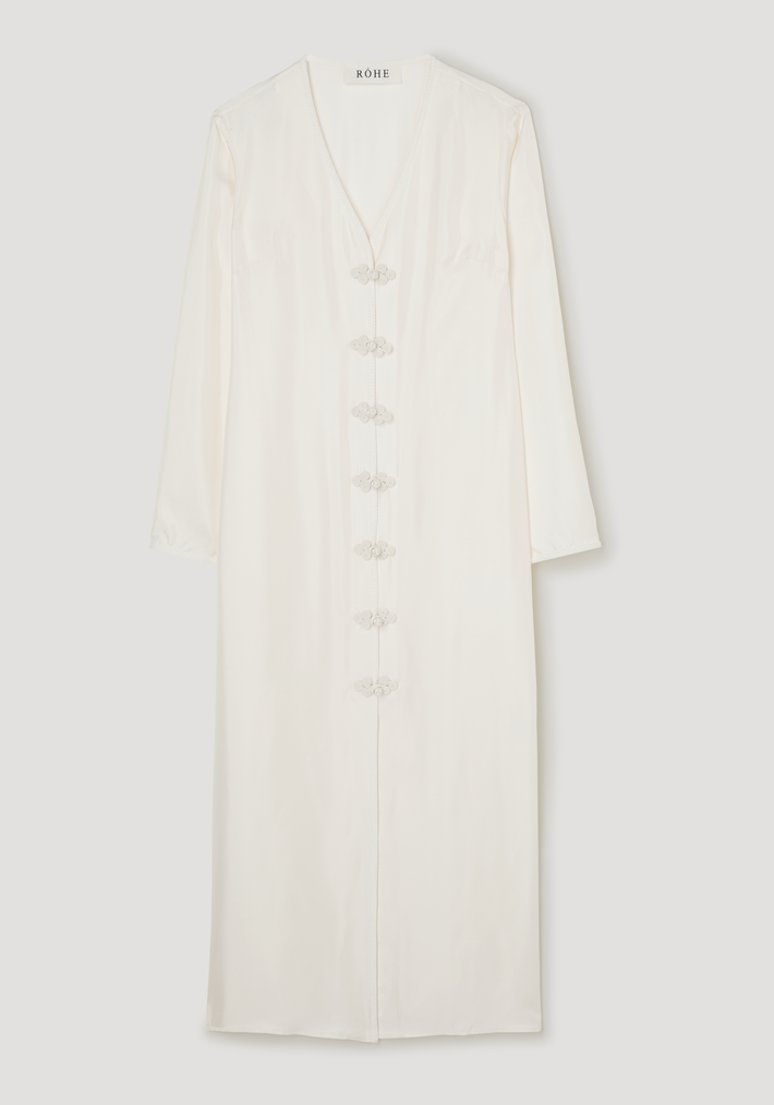 Pankou closure silk dress | cream, featuring a V-neck, long sleeves, and decorative pankou buttons, crafted from premium pure silk for a graceful, flowing silhouette.