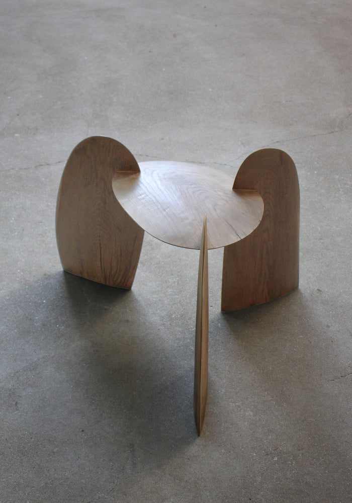 Sculpted Stool | 4673: A handcrafted, interlocking oak wood stool by Arne Kristian, featuring a dish-shaped top and biophilic design. 70cm H x 55cm W x 50cm D.