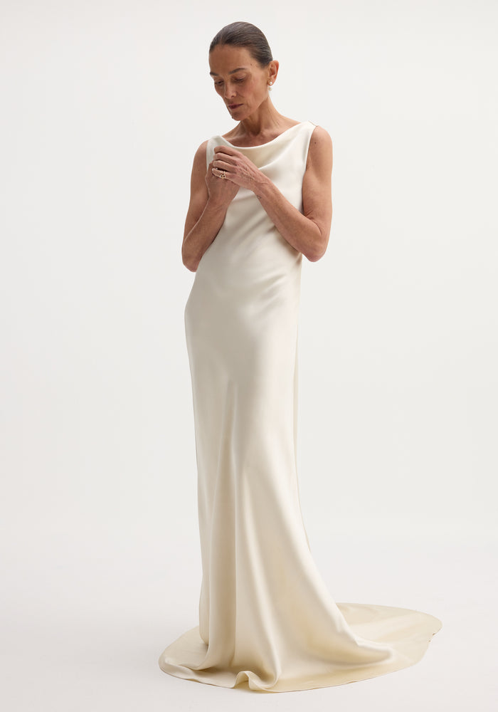 Draped satin dress with train | ivory