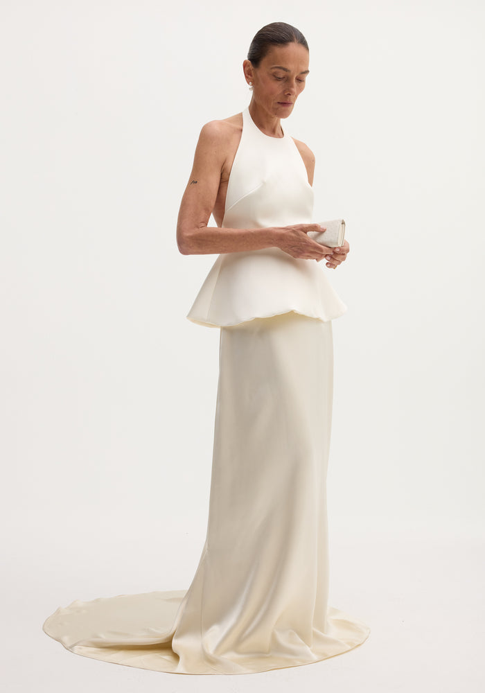 Sculptural satin halter top with separate silk skirt | ivory