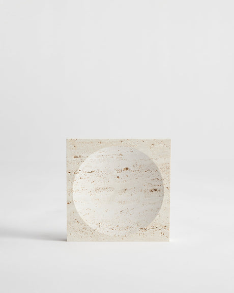 Small tray | travertine: Square stone tray with a round indent, handcrafted from leftover travertine by Dutch artist Louis Crombag, showcasing minimalist design.