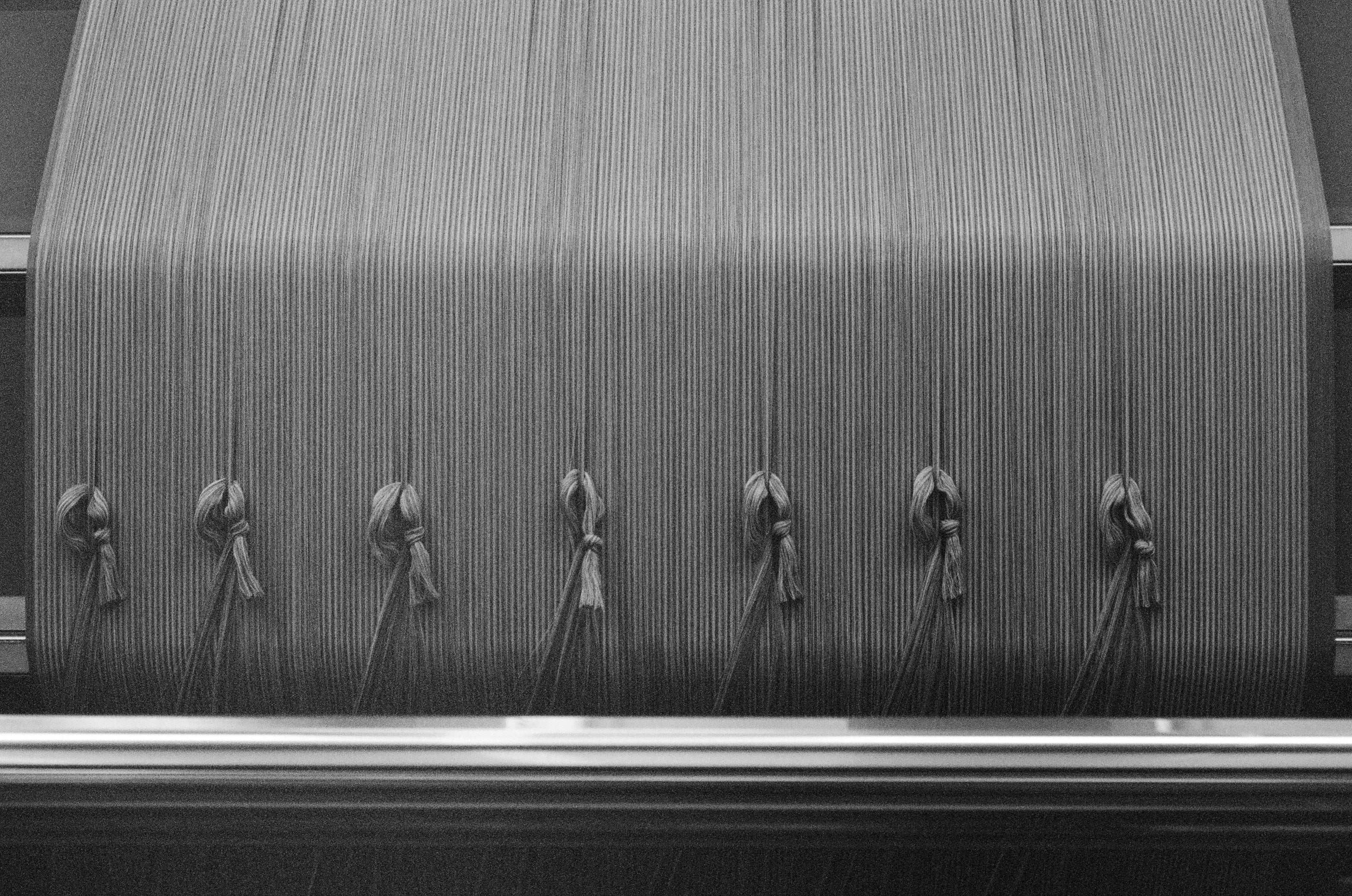 Close-up of a loom with threads and heddles in black and white.