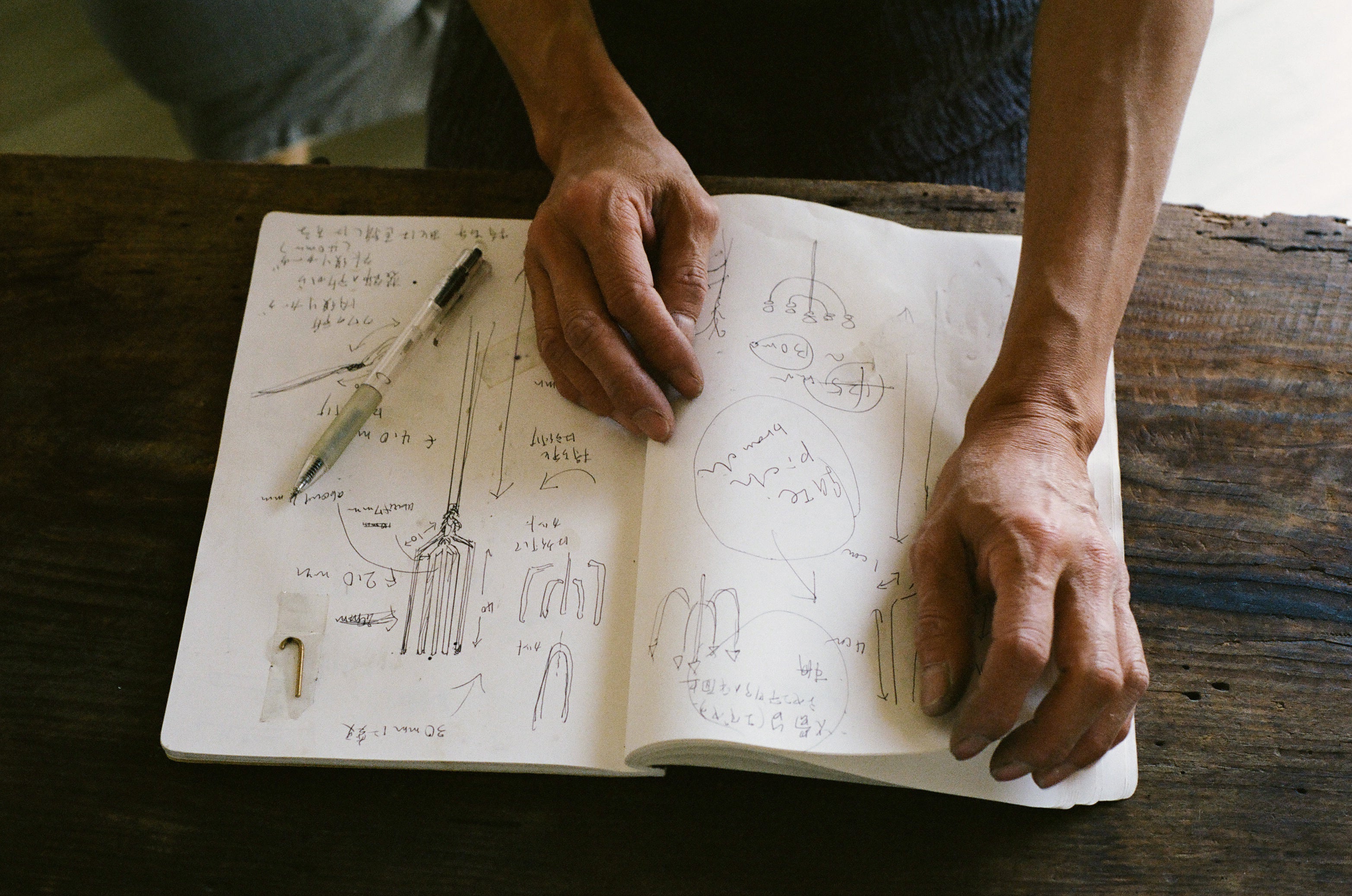 Sketchbook with a pen and two hands on top 