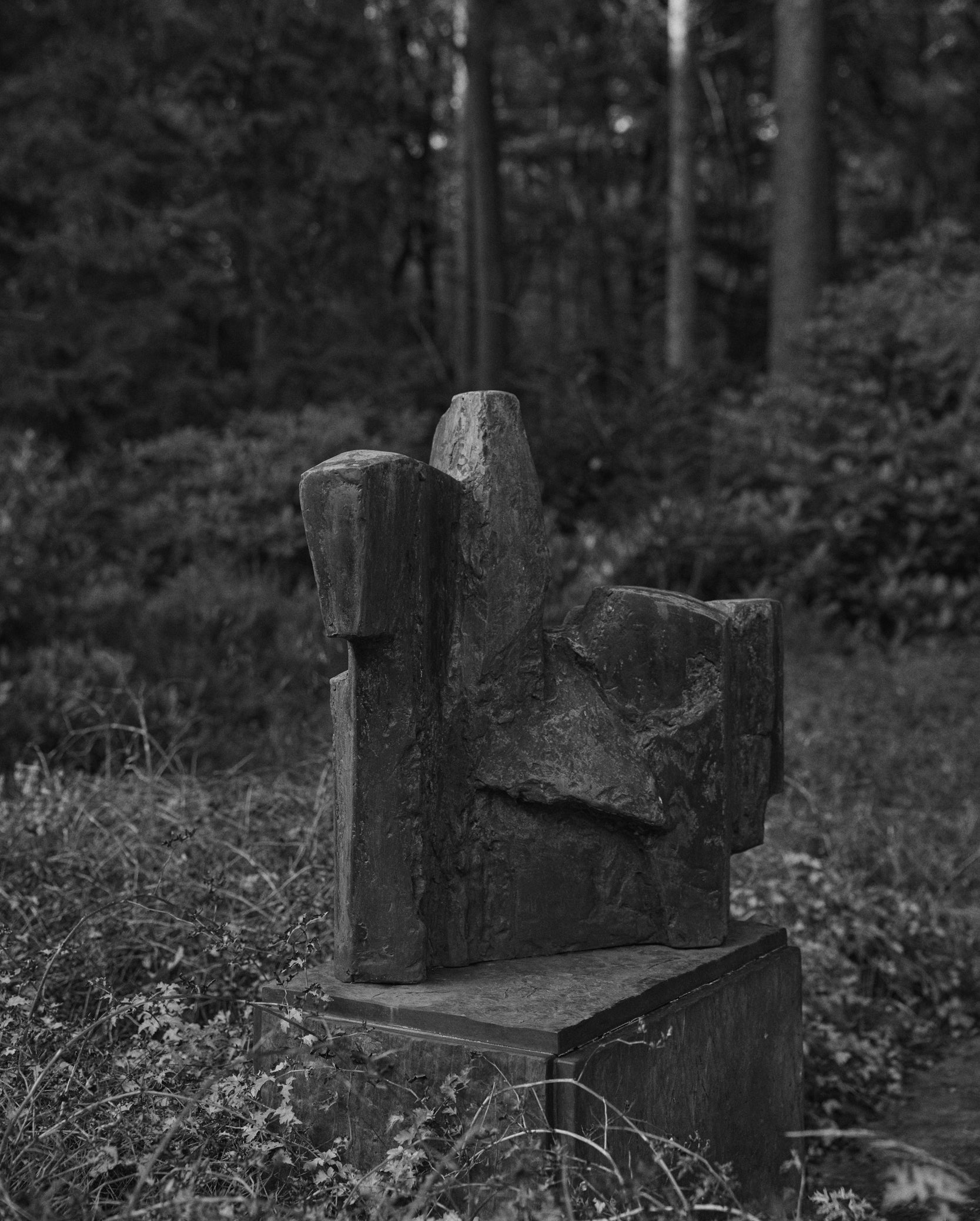 Abstract stone sculpture in a forest setting