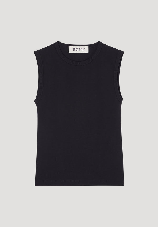 Dense rib tank top | black, featuring a rib-knit, sleeveless design with a crew neckline and white RÓHE label, crafted from organic cotton and elastane.