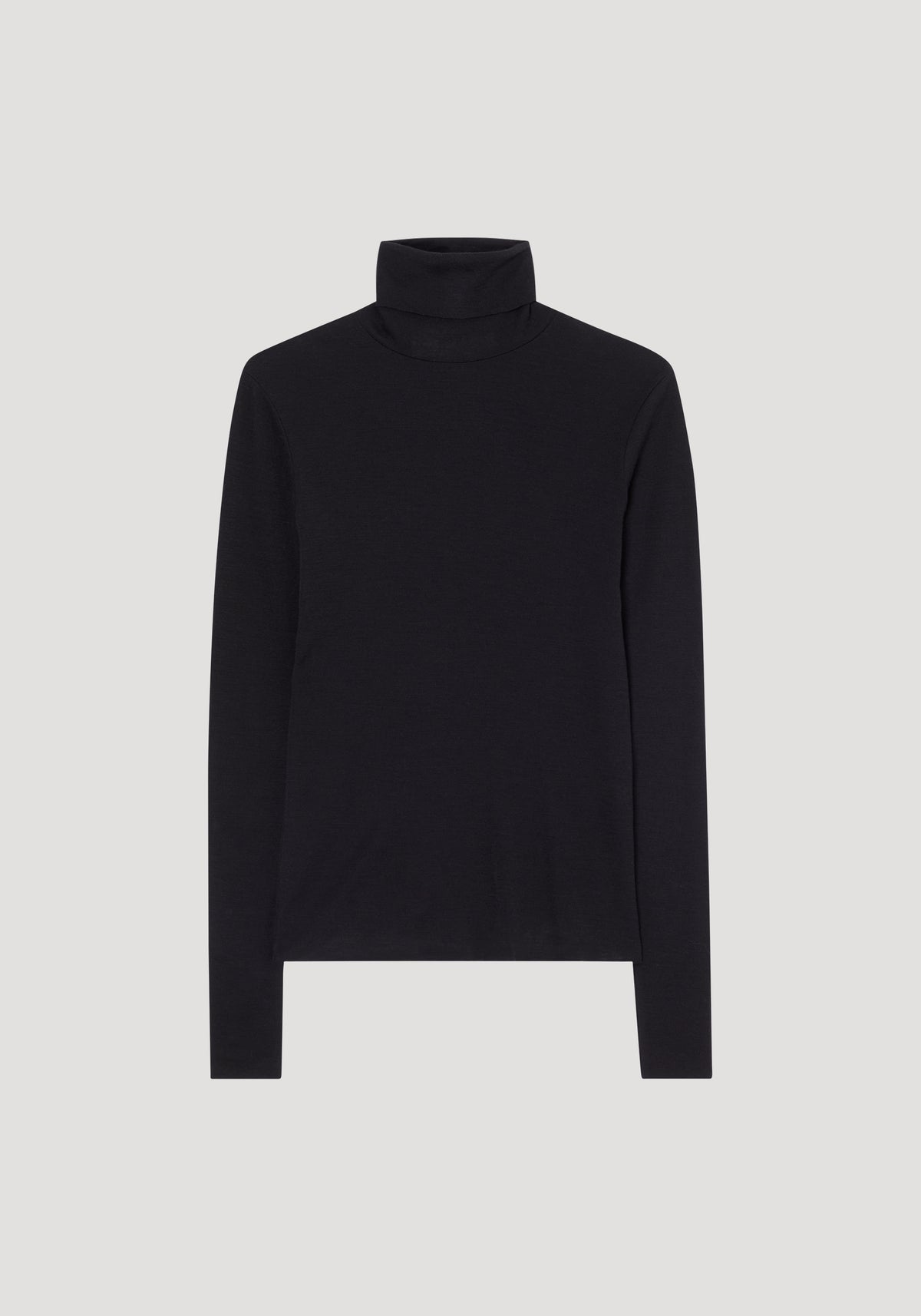 Fine merino turtleneck | black shown front-facing with long sleeves and a high folded neck against a light gray background