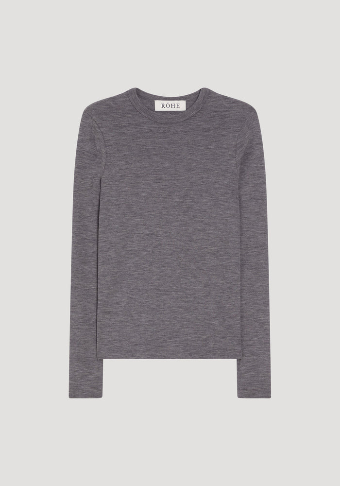 Fine merino long sleeve | mid grey melange shirt, heather-charcoal, crew neck, long-sleeve, laid flat, RŌHE label, 100% merino wool, fitted silhouette.