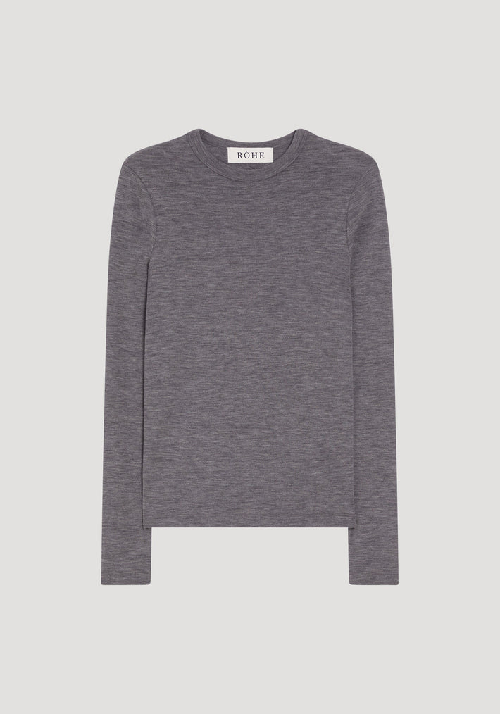 Fine merino long sleeve | mid grey melange shirt, heather-charcoal, crew neck, long-sleeve, laid flat, RŌHE label, 100% merino wool, fitted silhouette.