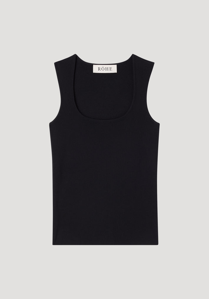 Bustier shaped knitted top | black, showcasing a fitted, sleeveless tank with a scoop-neck and a small “RÓHE” label on the back neckline.