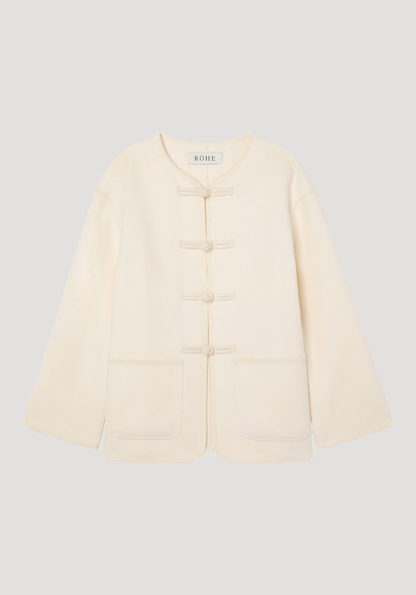 Off white Double-faced wool pankou jacket featuring a round neckline, traditional pankou knot closures, long sleeves, and two front patch pockets.