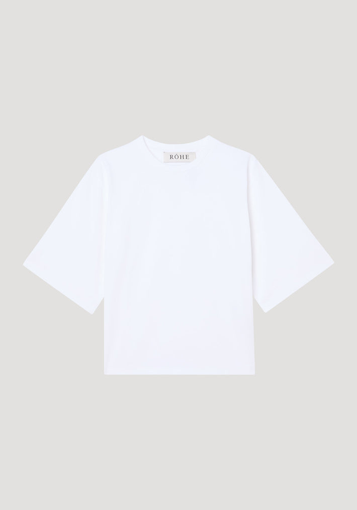 Fitted logo T-shirt in optic white featuring a crew neck, tapered elbow-length sleeves with subtle logo embroidery, crafted from crisp 100% cotton.