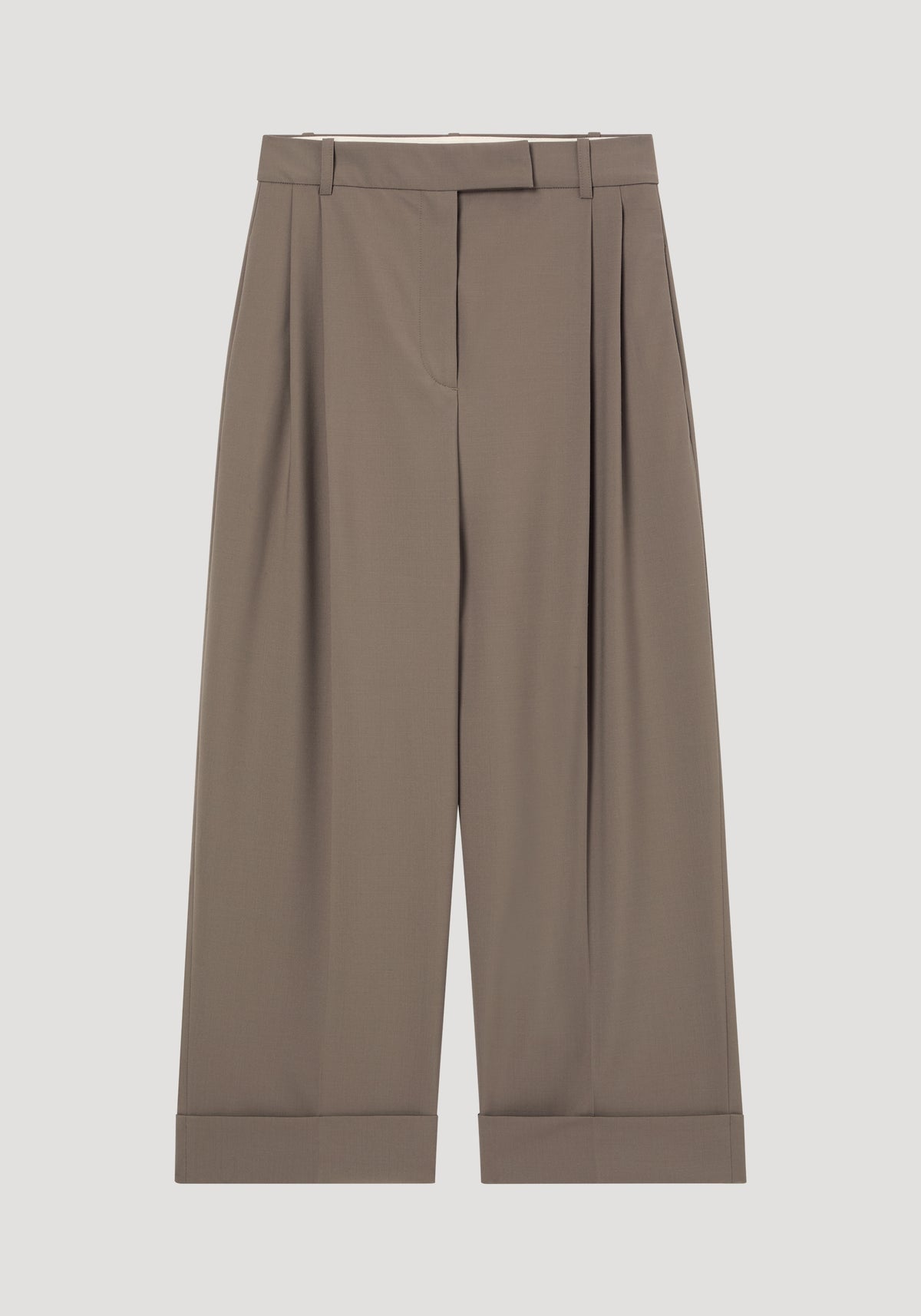 High-waist turn-up trousers | taupe in a wide-leg style with pleats and belt loops, designed for a tailored and sophisticated look.