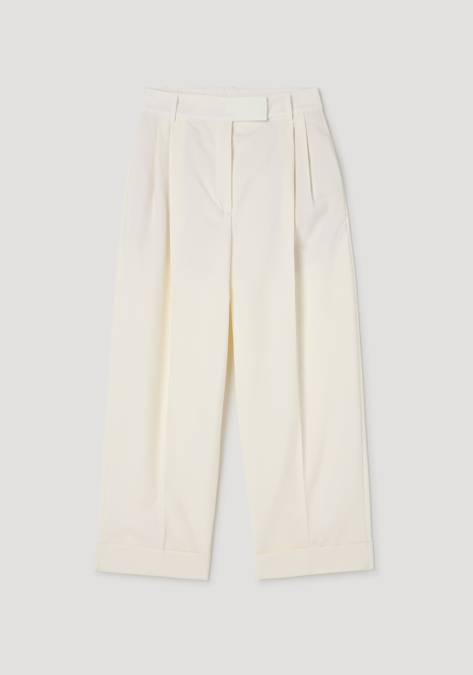 High-waist turn up trousers | off white, featuring a tailored fit with pleats at the front and cuffed hems for a polished and modern look.