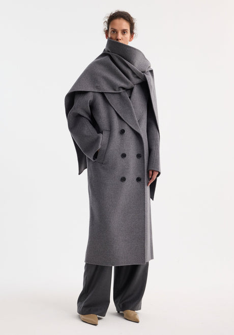 Signature double-faced scarf coat in mid grey melange, featuring a double-layered scarf collar, double-breasted design, and wide-leg trousers for a minimalist, sophisticated look.