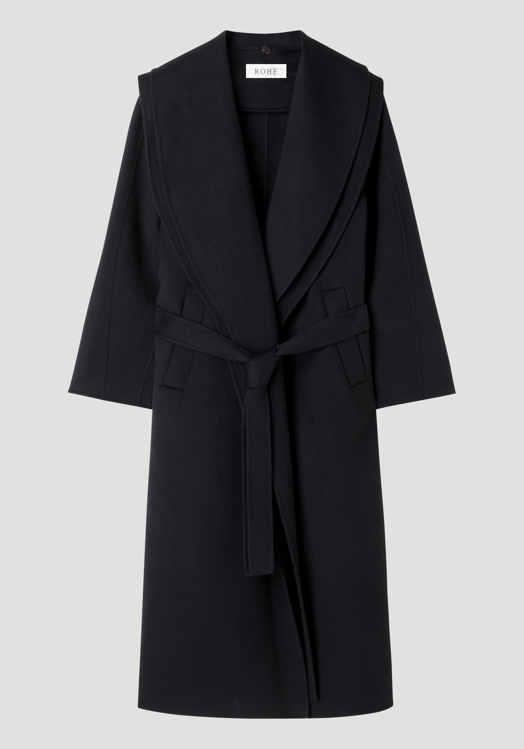 Signature double-faced scarf coat with belt | black, featuring a wide scarf collar, long sleeves, front pockets, and a matching fabric belt for a tailored fit.