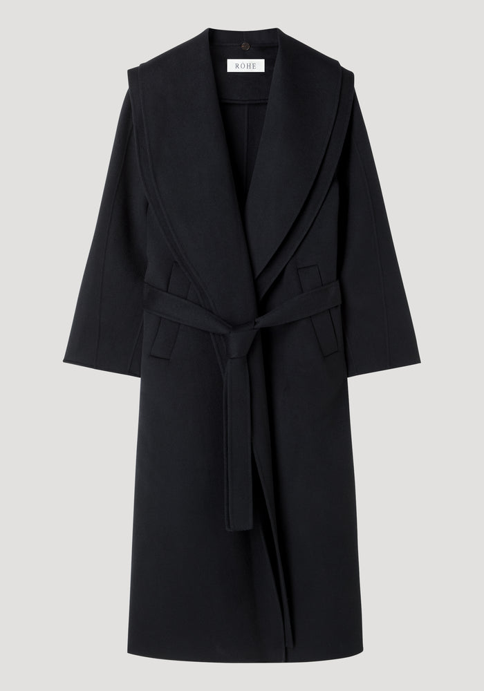 Signature double-faced scarf coat with belt, black, featuring a long wool-blend design, wide lapels, inset side pockets, and a self-tie waist belt.