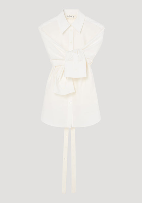 Poplin silk combined gilet-shirt by RÖHE, featuring a button-down front, collared neckline, long sleeves knotted at waist, and silk back with open armholes.