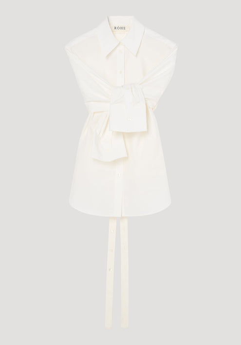 Poplin silk combined gilet-shirt by RÖHE, featuring a button-down front, collared neckline, long sleeves knotted at waist, and silk back with open armholes.