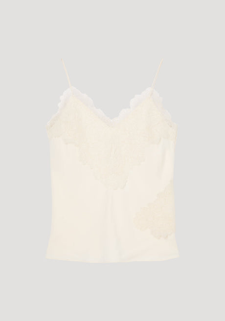 Lace camisole | cream with delicate lace trim, V-neckline, and adjustable spaghetti straps, crafted from smooth viscose for elegant evening wear.
