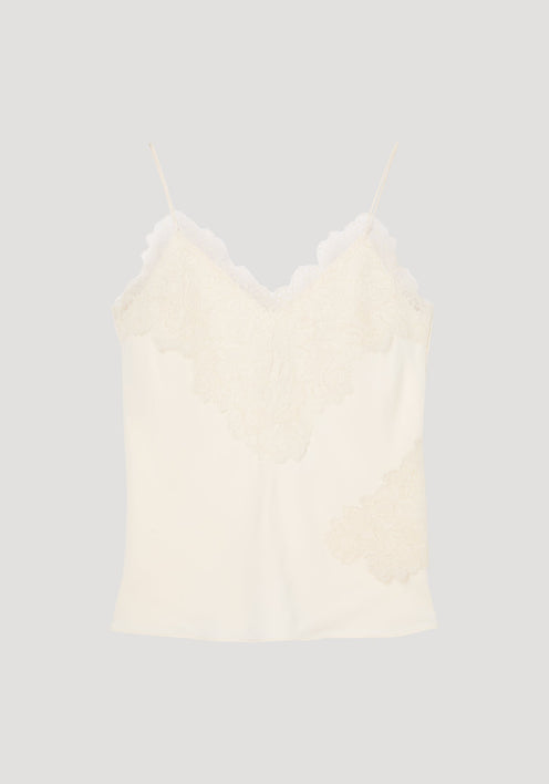 Lace camisole | cream with delicate lace trim, V-neckline, and adjustable spaghetti straps, crafted from smooth viscose for elegant evening wear.