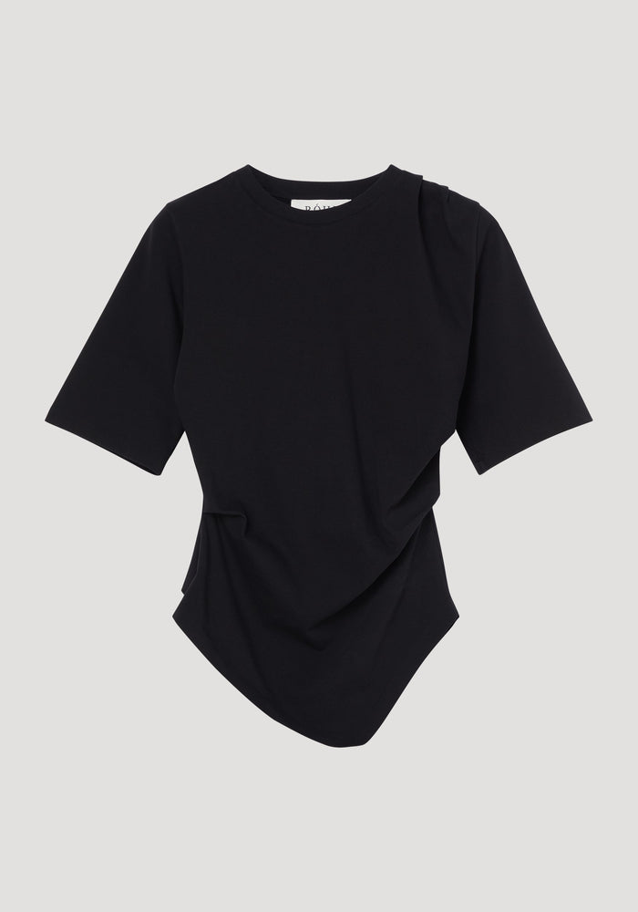 Reinvented twisted t-shirt | black, features a crew neck, asymmetrical hem with draped detailing, elbow-length sleeves, and a fitted waist, crafted from organic cotton.