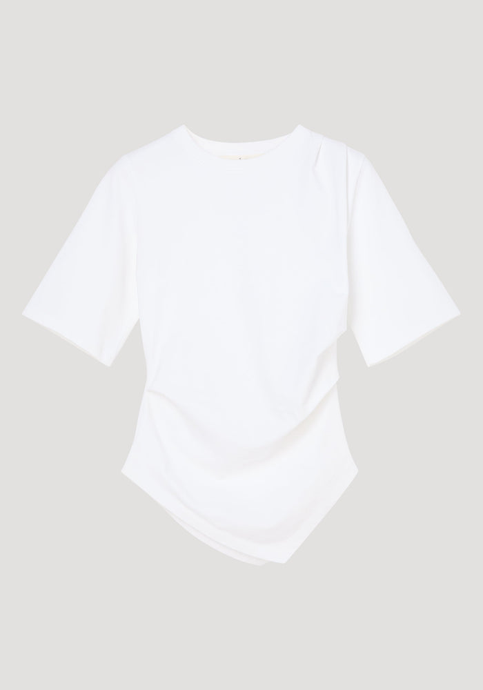 Reinvented twisted t-shirt in optic white, featuring a twisted asymmetrical drape, fitted waist, elbow-length sleeves, crafted from 100% organic cotton.