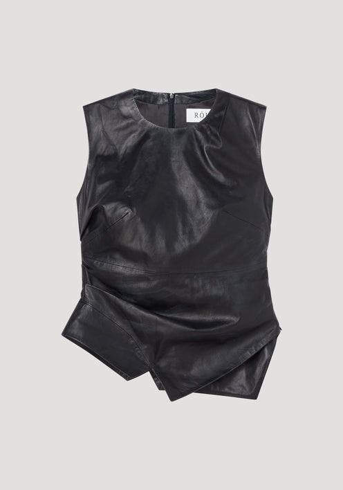 Sleeveless draped leather top in black with asymmetric layered hem, rounded neckline, fitted waist, and center-back zipper, offering a modern elegant silhouette.