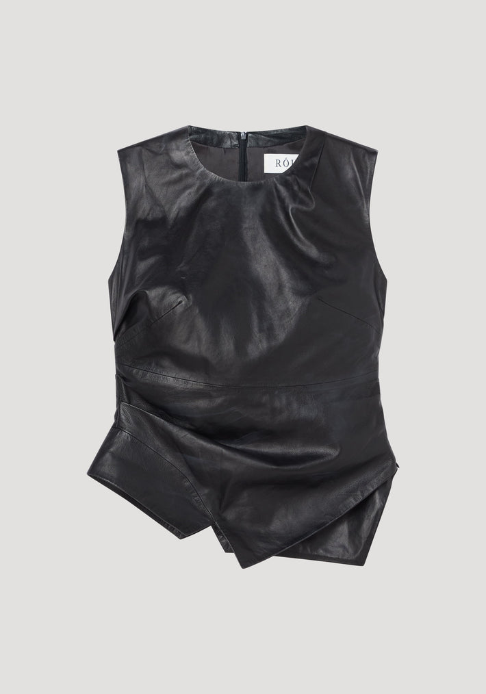 Sleeveless draped leather top in black with asymmetric layered hem, rounded neckline, fitted waist, and center-back zipper, offering a modern elegant silhouette.