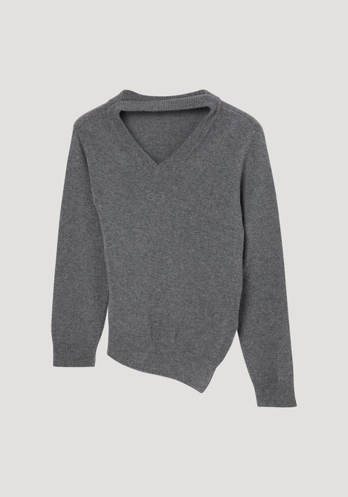 Two-way deconstructed jumper in mid grey melange, featuring a sculptural V-neck, long sleeves, and an angled hemline, crafted from a wool-cashmere blend.