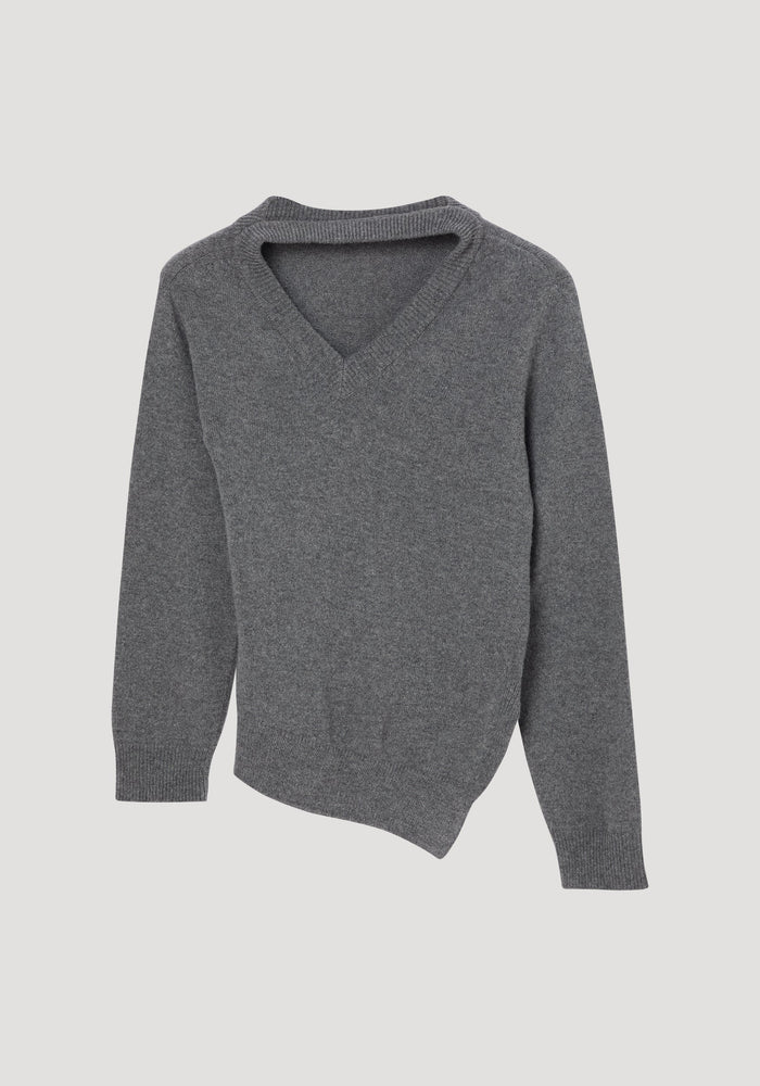 Two-way deconstructed jumper in mid grey melange, featuring a sculptural V-neck, long sleeves, and an angled hemline, crafted from a wool-cashmere blend.