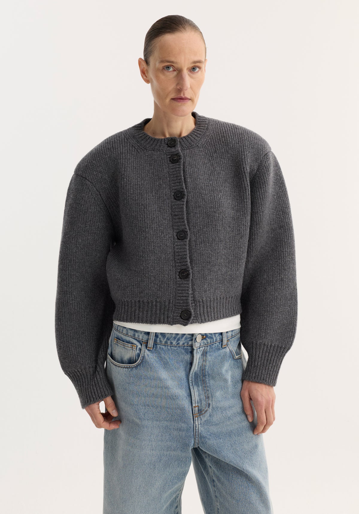 Statement shoulder cardigan | mid grey melange