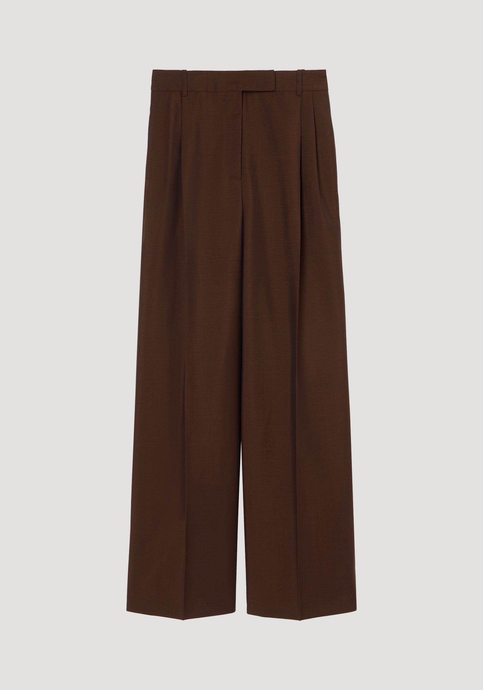 Mid-waist tailored trousers in a deep brown with wide legs, belt loops, and front pleats, crafted from a virgin wool and mohair blend.