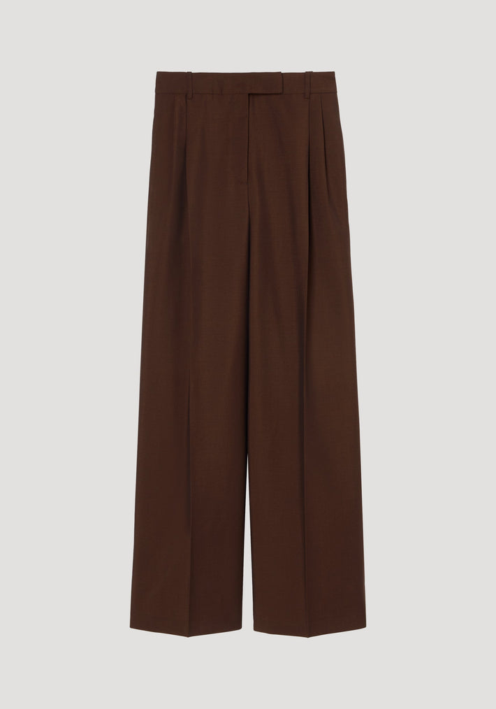 Mid-waist tailored trousers in a deep brown with wide legs, belt loops, and front pleats, crafted from a virgin wool and mohair blend.