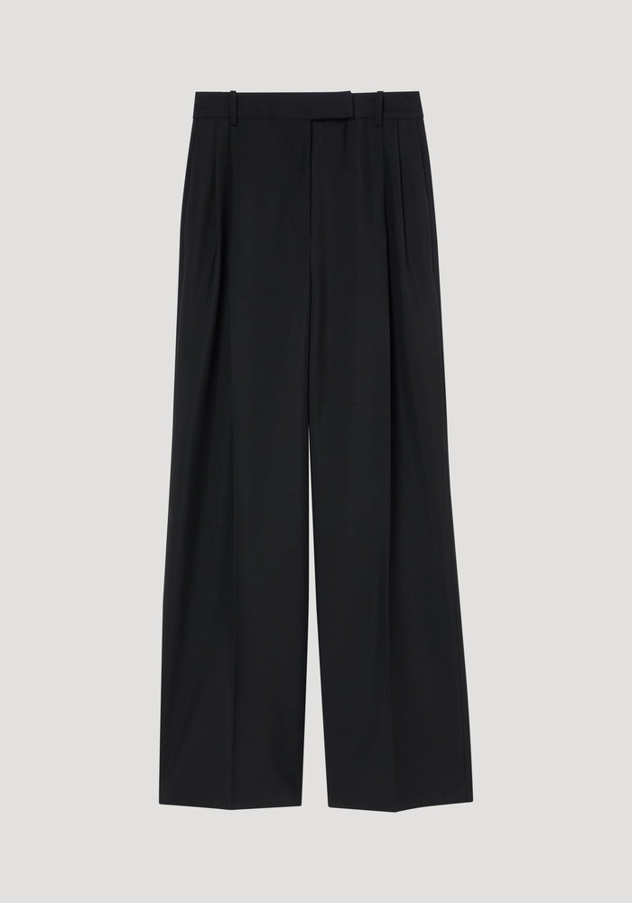 Mid-waist tailored trousers in black, featuring a high-waist, belt loops, double pleats, and a wide-leg design, crafted from a wool-mohair blend.