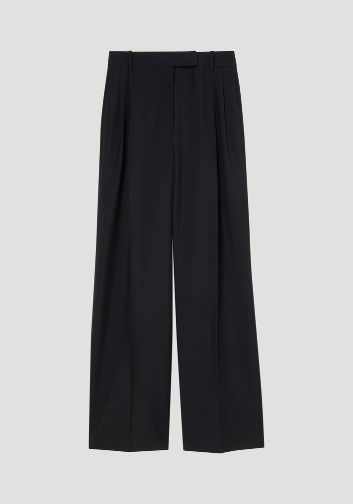 Mid-waist tailored trousers | black, featuring high-waisted, wide-leg design with tailored front, pressed creases, and belt loops, crafted from virgin wool-mohair blend.