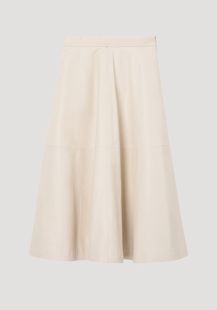 A-line leather skirt | chalk: Cream A-line midi skirt with croco embossing, soft leather, minimalist waistband, and horizontal panel seam, creating a subtly flared silhouette.