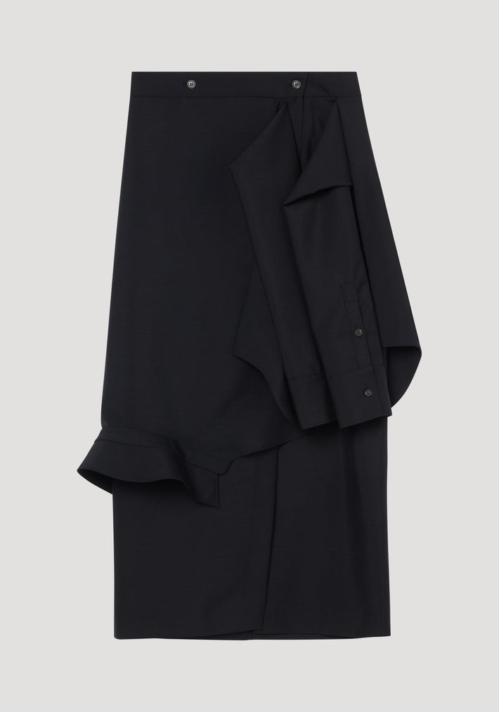 Shirt wrap skirt in black featuring an asymmetric draped overlay, buttoned waist, and deconstructed shirt-like ruffles, crafted from a soft virgin wool and mohair blend.