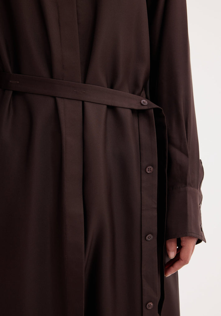 Silk open back wrap dress | mahogany, featuring a smooth, button-front design, belted waist, and cuffed sleeve, showcasing the luxurious silk fabric's elegant drape.