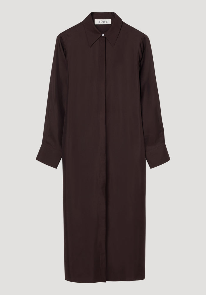 Silk open back wrap dress in mahogany, featuring a concealed button front, pointed collar, long sleeves, and a wrap tie detail for versatile styling.